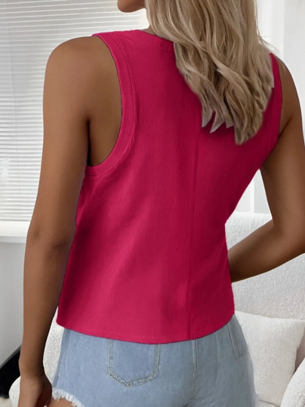 Magenta solid scoop neck tank top, sleeveless back view with U neckline