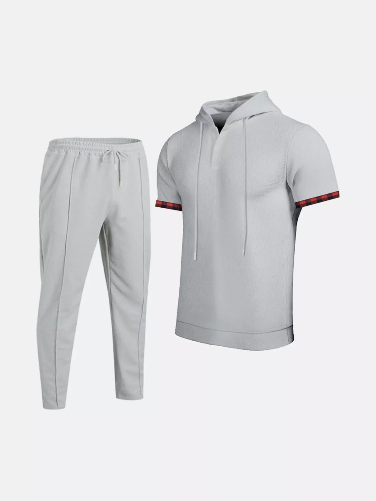 Men's short-sleeve hoodie and jogger set, light gray with striped sleeve accents