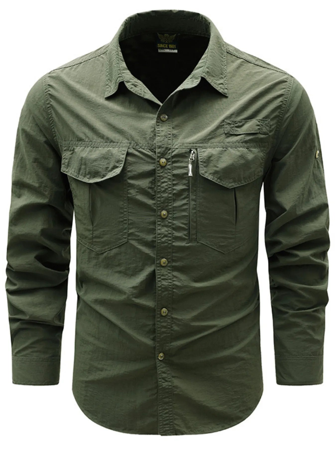 Men's plus size button-up long-sleeve shirt, military green, chest pocket, button front