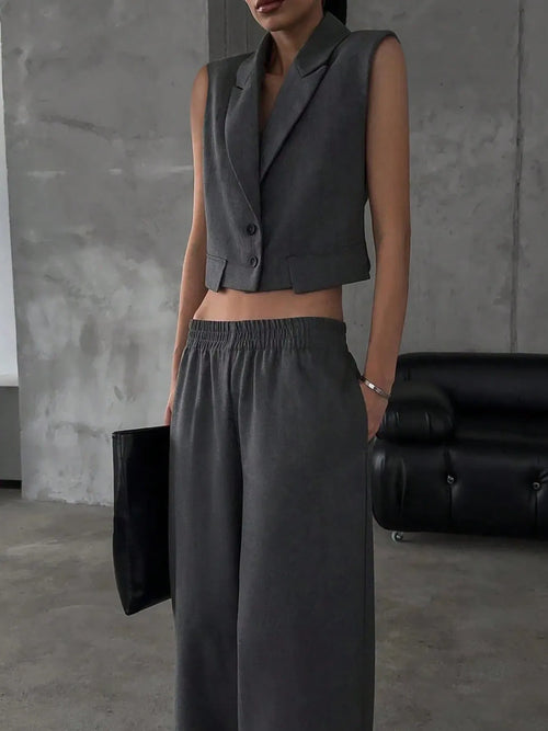 Dark gray sleeveless button-front cropped top with notch lapel