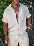 Men's button-up short-sleeve shirt and shorts set, white with chest pocket and buttons