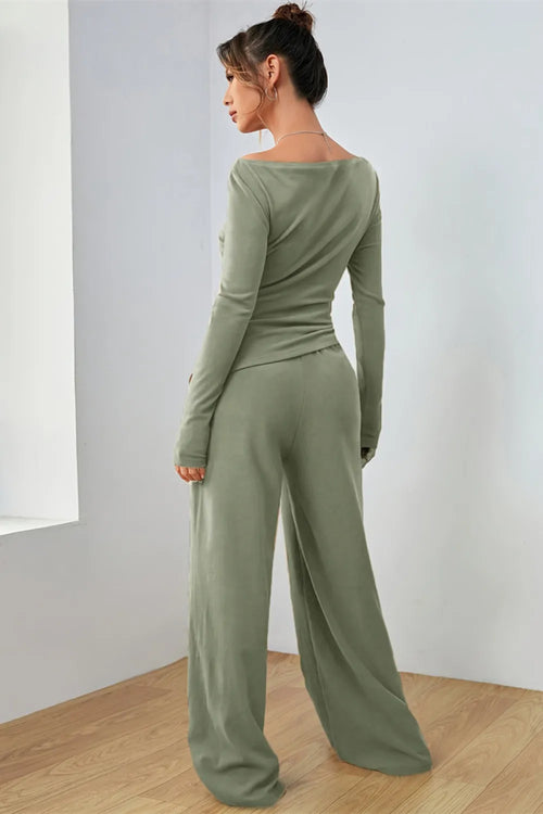 Matcha green boat-neck long-sleeve top with ruched waist, wide-leg pants set