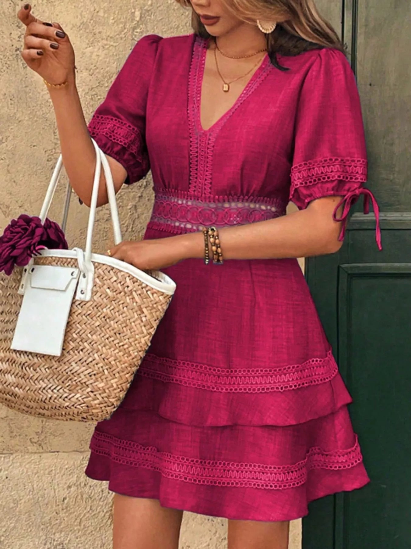 Rose-red V-neck mini dress with lace trim tiered skirt and ribbon tie sleeves