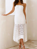 Cedar & Moore Elegant Lace Strapless Midi Dress, white lace overlay, zipper detail