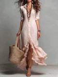 Boho button-down maxi dress in pale blush with ruffled high-low hem and cuffed sleeves