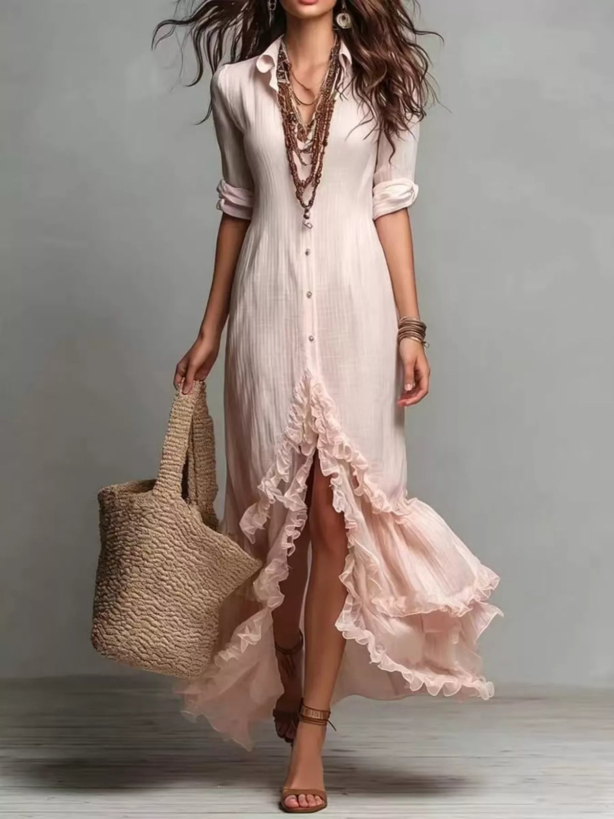 Boho button-down maxi dress in pale blush with ruffled high-low hem and cuffed sleeves