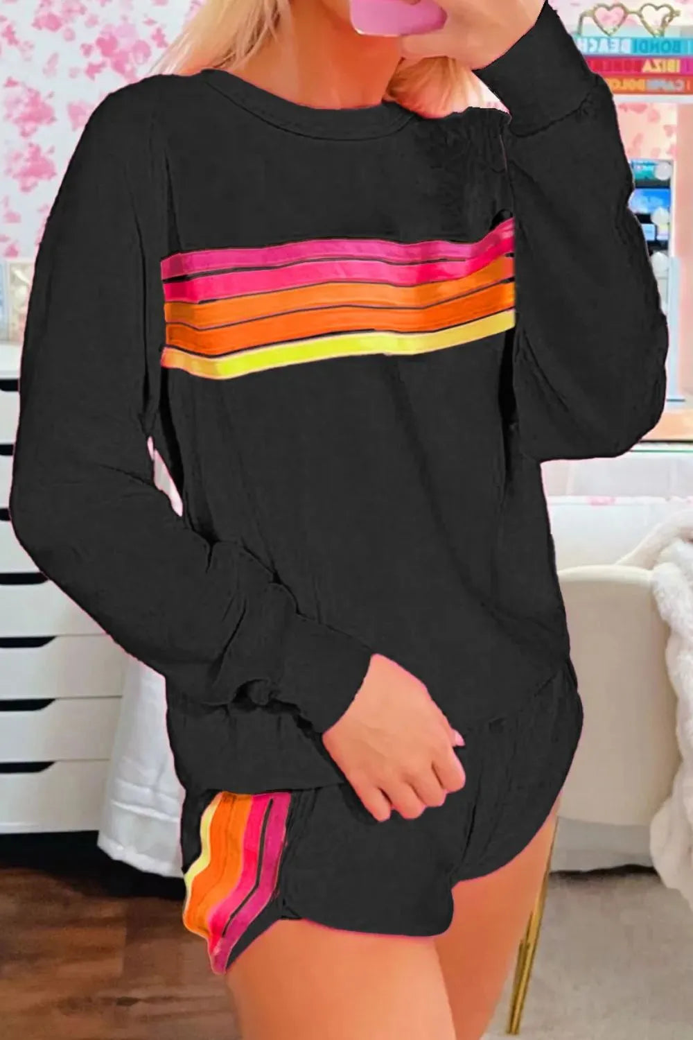 Black round-neck top and shorts set with colorful striped chest panel