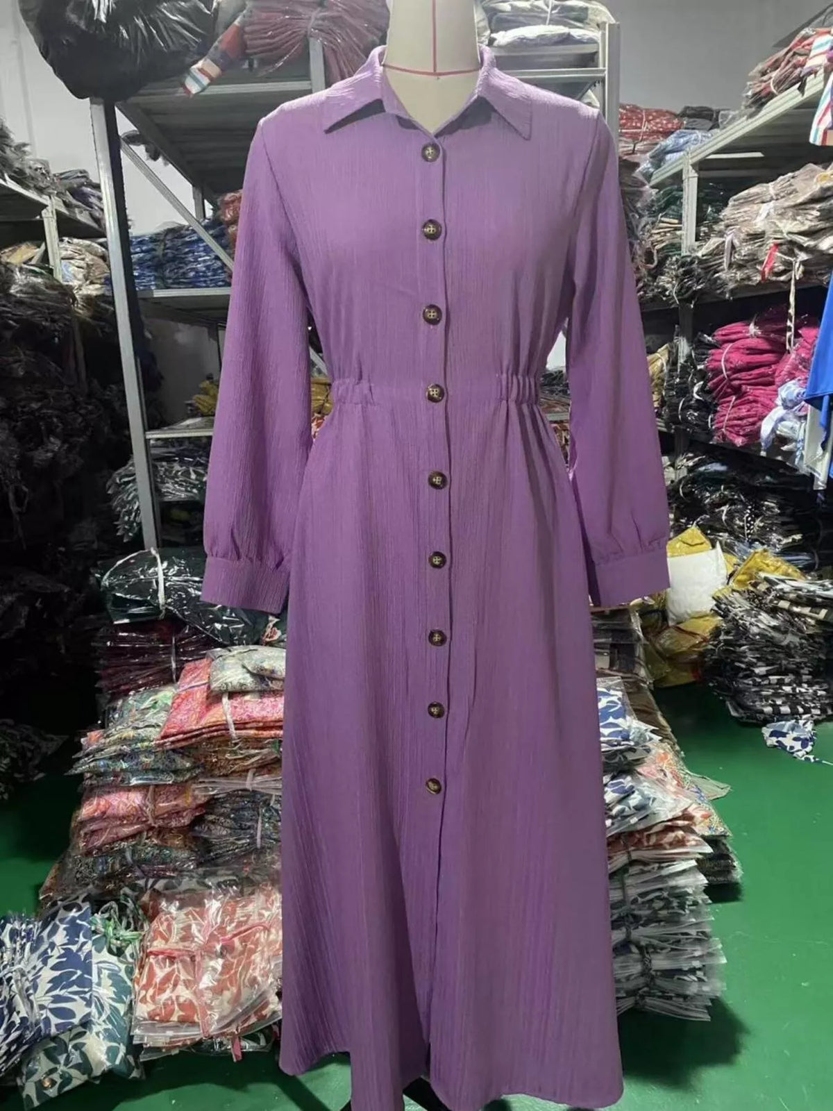 Lilac maxi button-front shirtdress on hanger with long sleeves and button placket