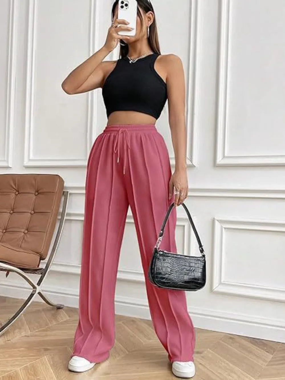 Deep rose wide-leg drawstring pants with pockets and elastic waistband, front view