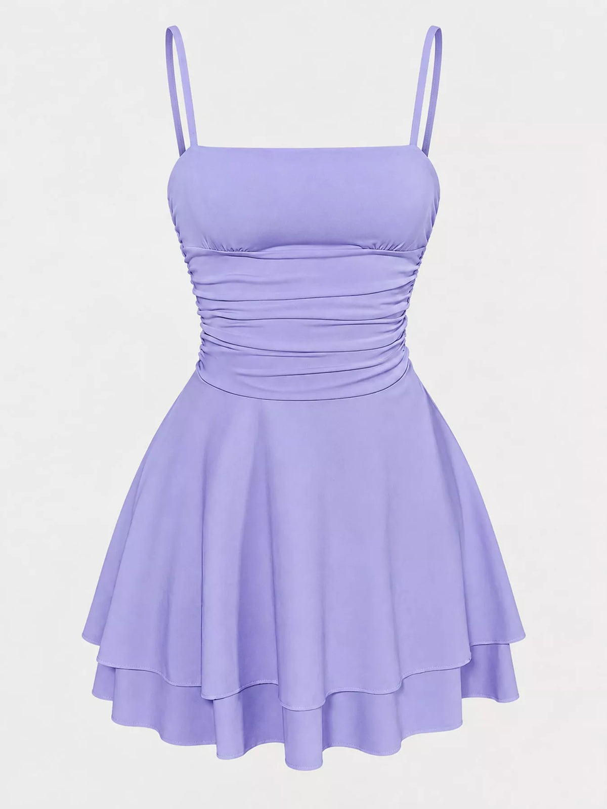 Backless ruched layered spaghetti-strap mini dress in lavender with tiered skirt and ruching