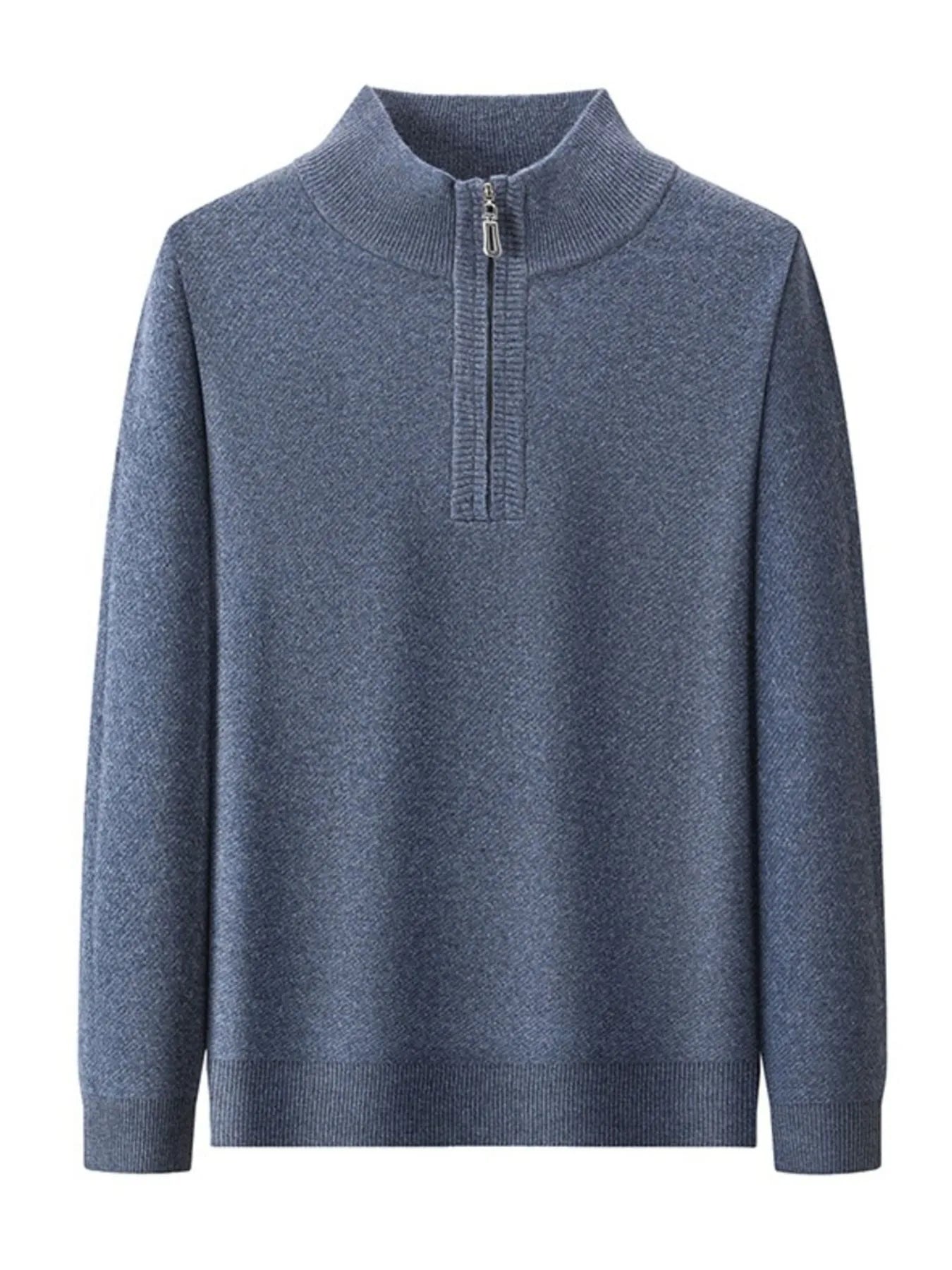 Blue quarter-zip long-sleeve sweater with mock neck and front zipper detail