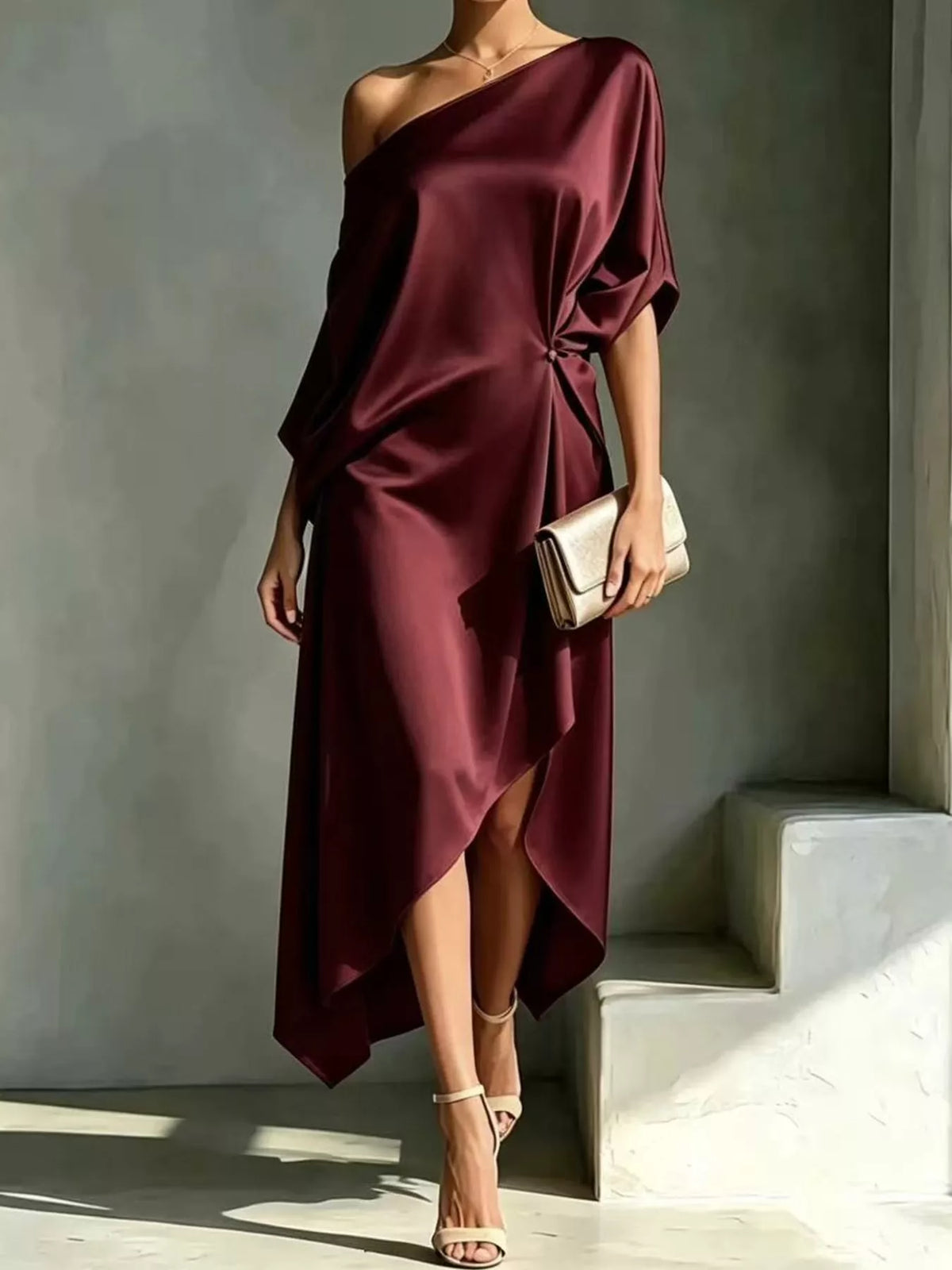 Burgundy one-shoulder ruched asymmetric midi dress with twisted side drape