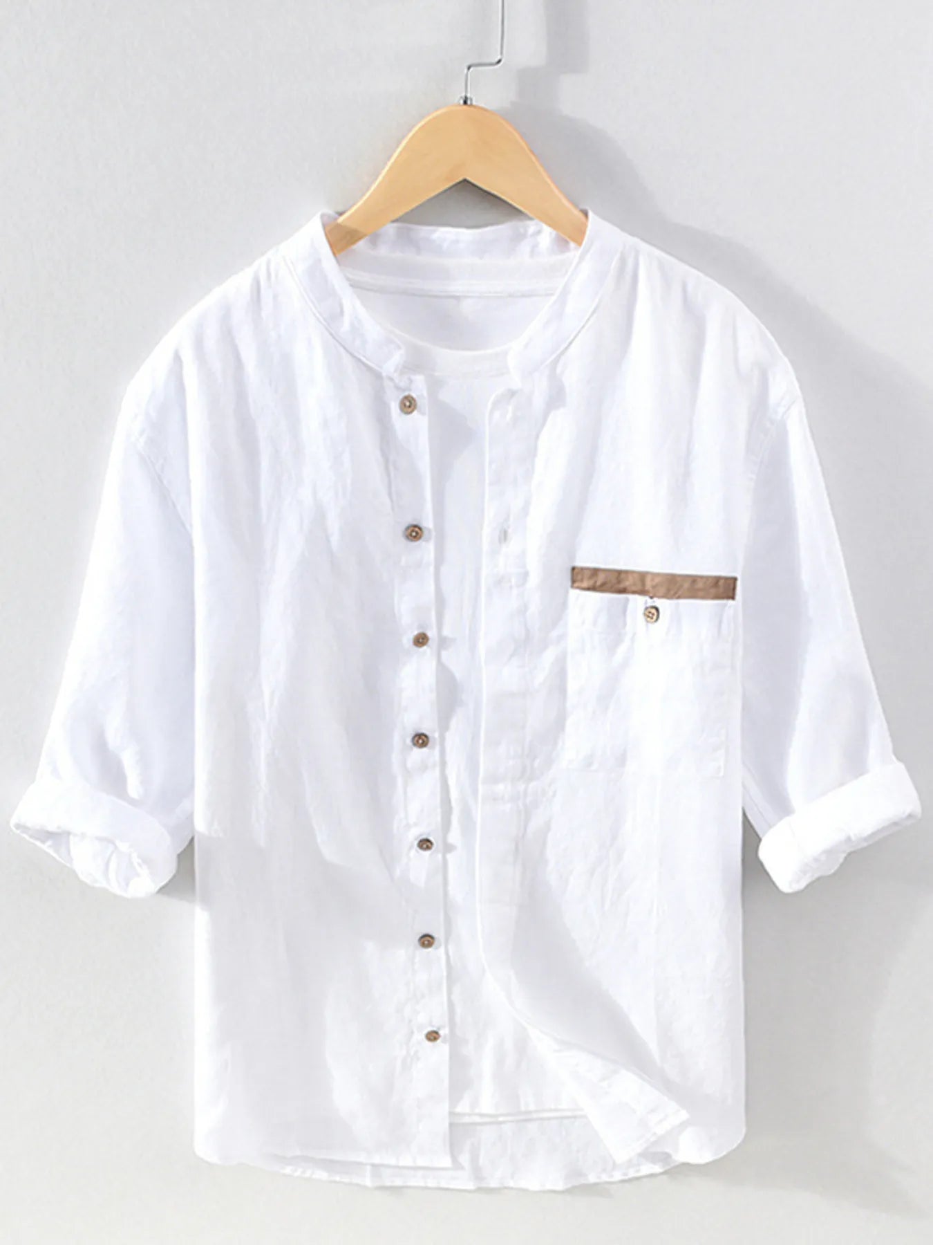 White button-up shirt with stand collar, button front, chest pocket, 3/4 sleeves