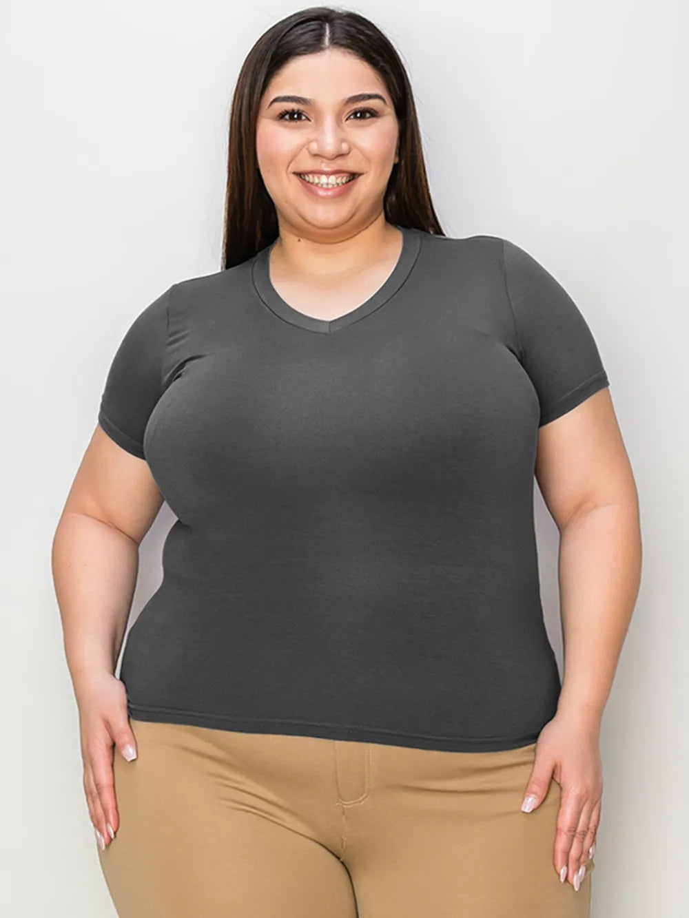 Cedar & Moore Basic Bae Full Size V-Neck T-Shirt, charcoal gray, short-sleeve