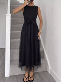 Cedar & Moore Glitter sleeveless tulle midi dress, black with waist-tie belt and mesh overlay