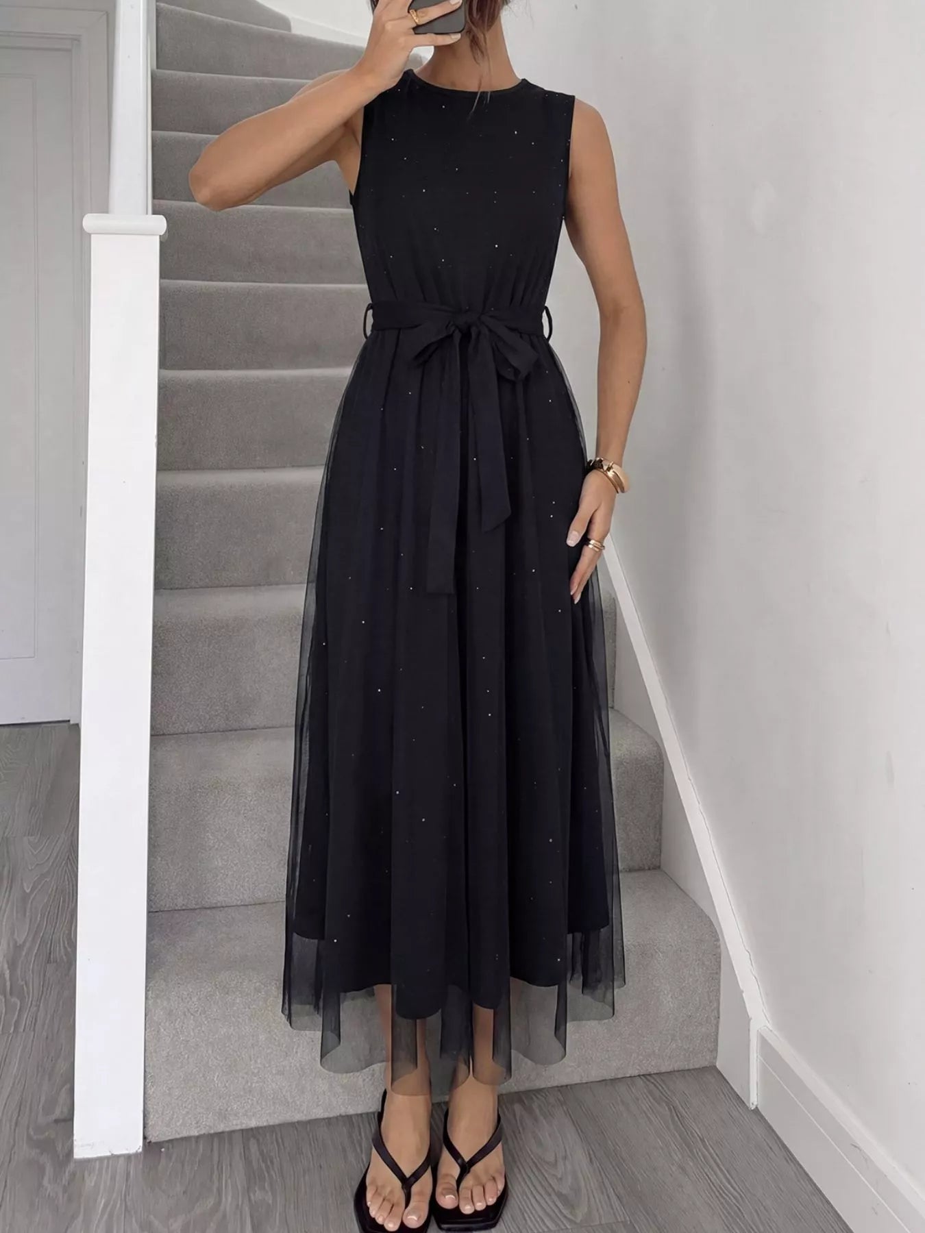 Cedar & Moore Glitter sleeveless tulle midi dress, black with waist-tie belt and mesh overlay