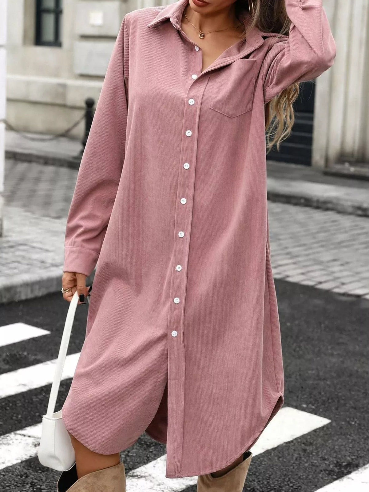 Dusty pink corduroy shirt dress with button front, pointed collar, and chest pocket