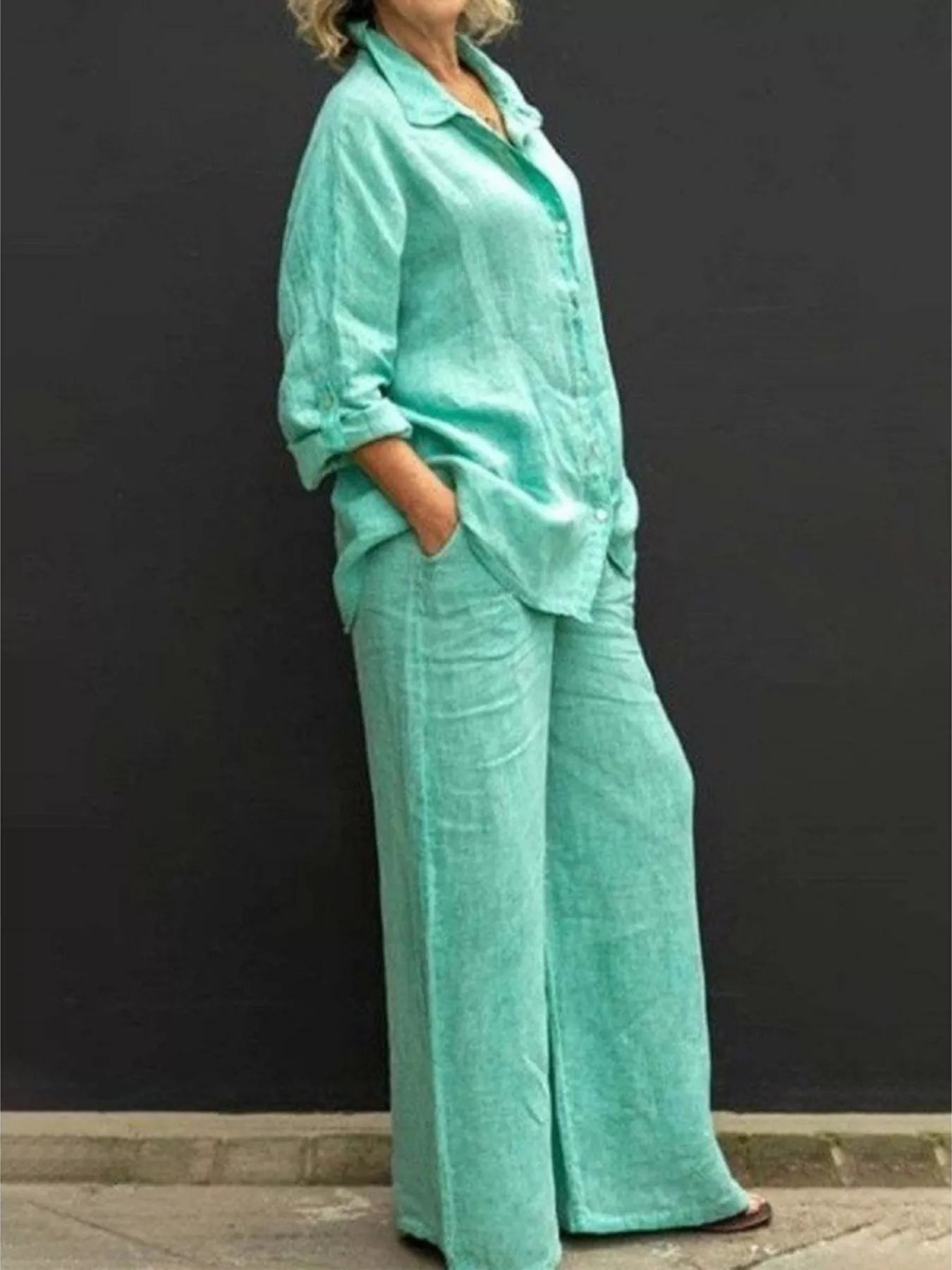 Long-sleeve shirt and pants set in mint green, collar button front and relaxed wide legs