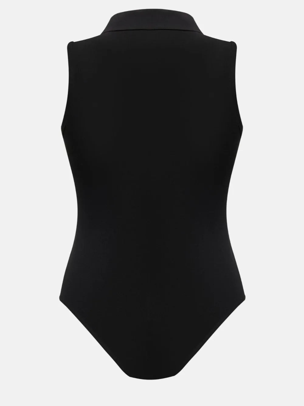 Black collared sleeveless bodysuit, back view