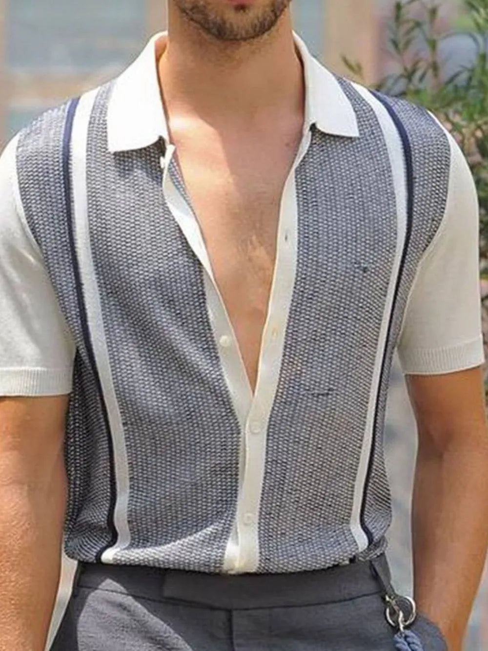 Men's plus size button-up short sleeve shirt, navy-and-white striped front with white collar