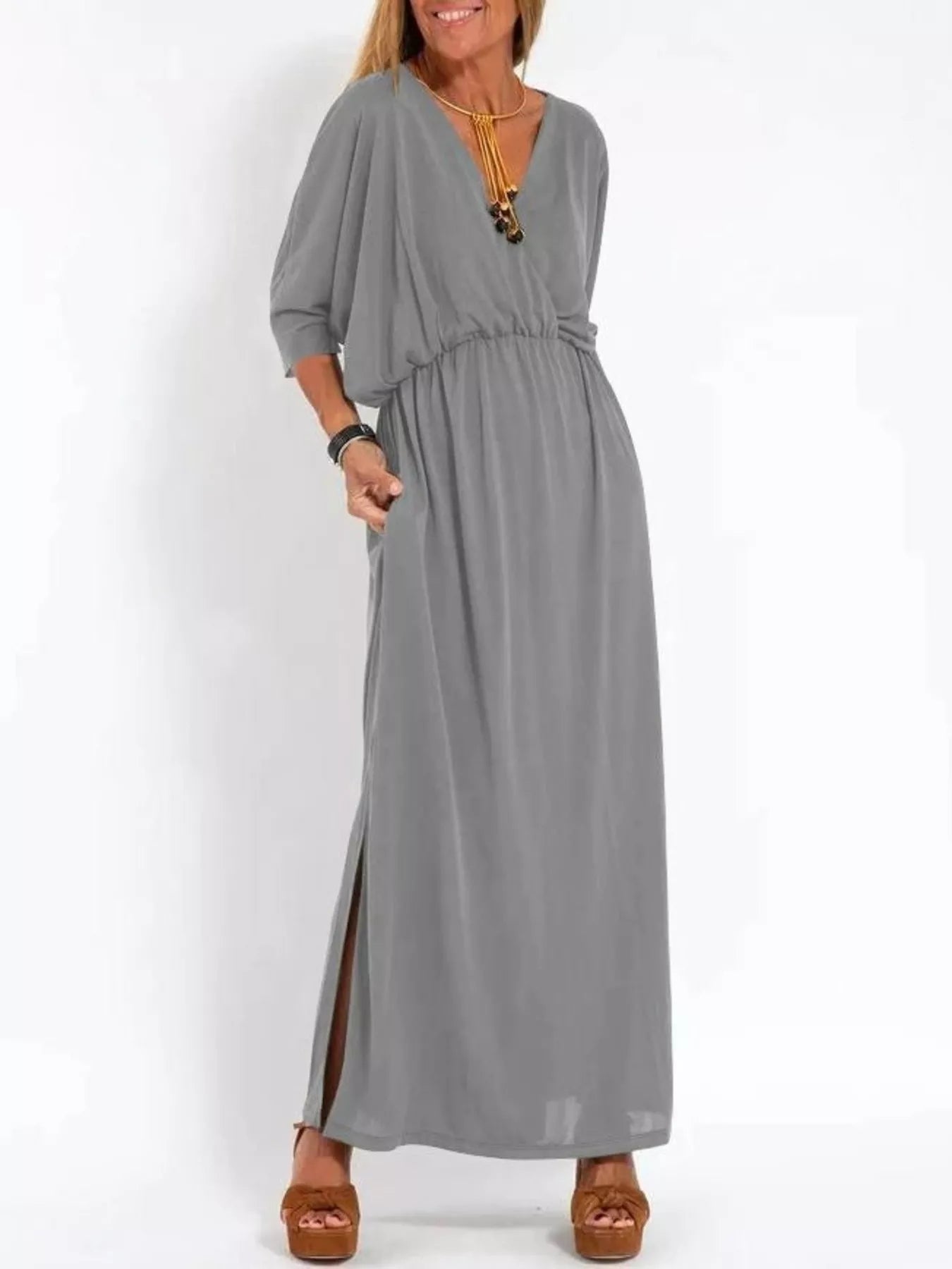 Gray V-neck batwing sleeve maxi dress with side slit and gathered waist