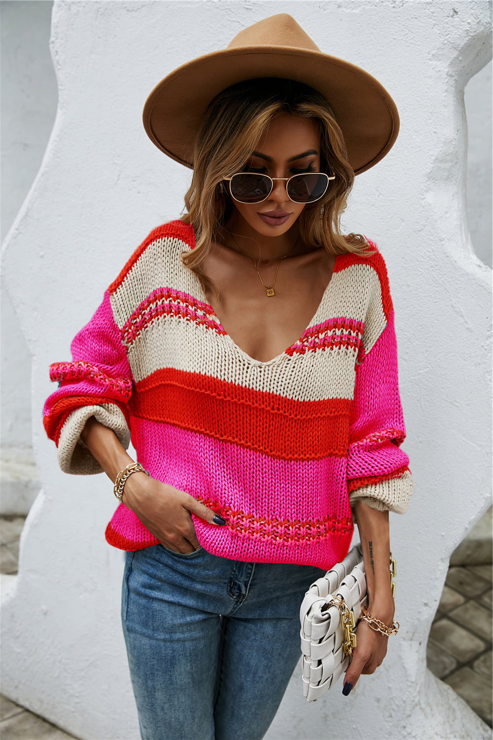 Color-block scoop neck sweater, hot pink and cream with red-orange stripes