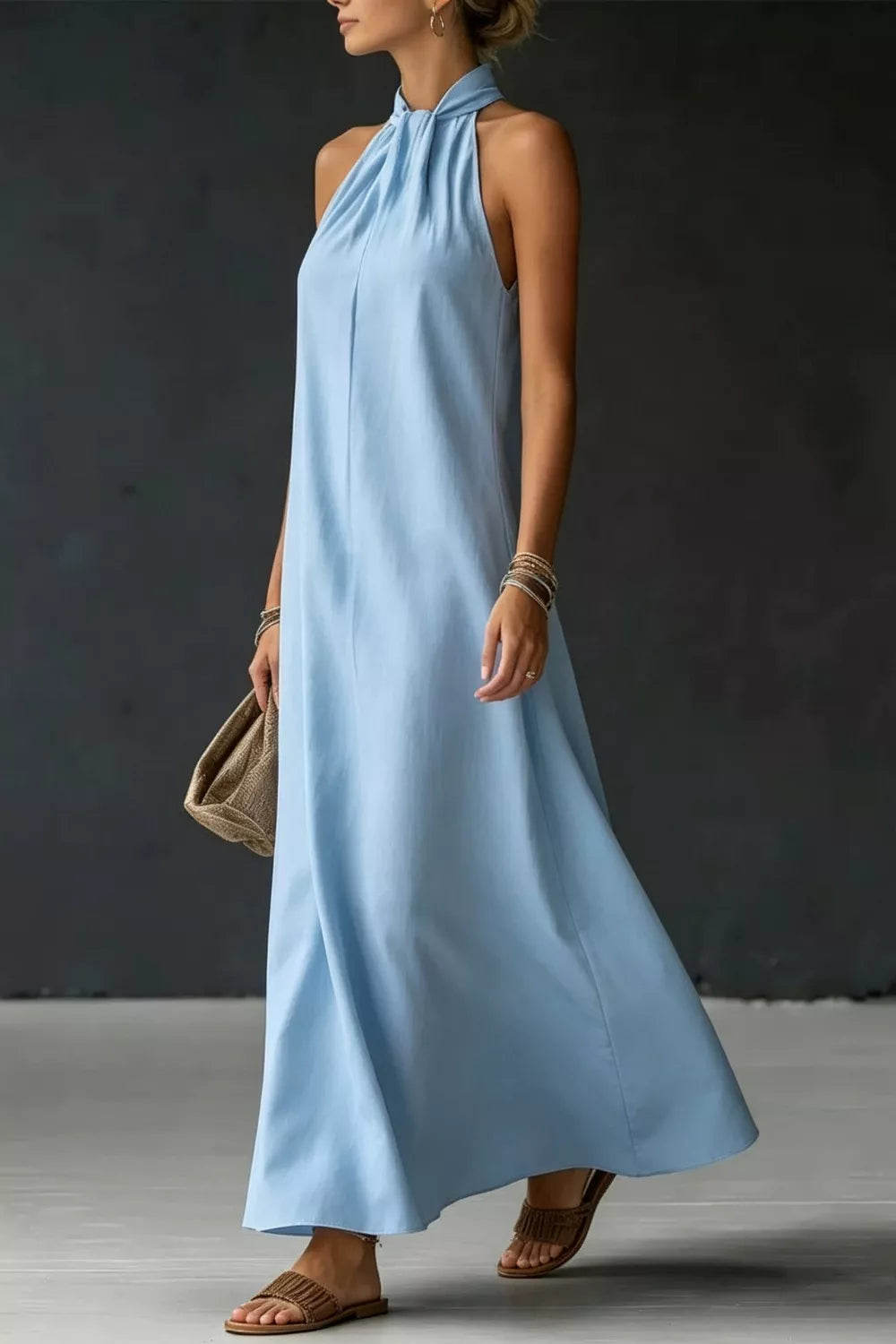 Cedar & Moore Halter Neck Sleeveless Maxi Dress in light blue, no slit, floor-length.