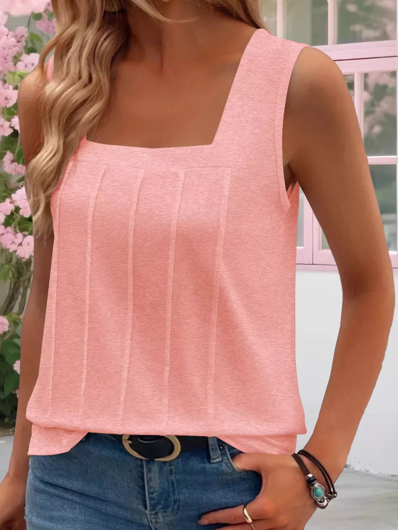 Cedar & Moore Square Neck Tank Top in pink, sleeveless with a pleated front.