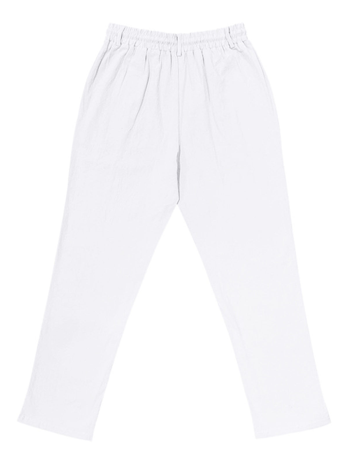 White lightweight drawstring pants with elastic waist and loose straight legs