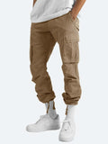 Men's khaki drawstring cargo pants with side cargo pockets and cuffed ankles.