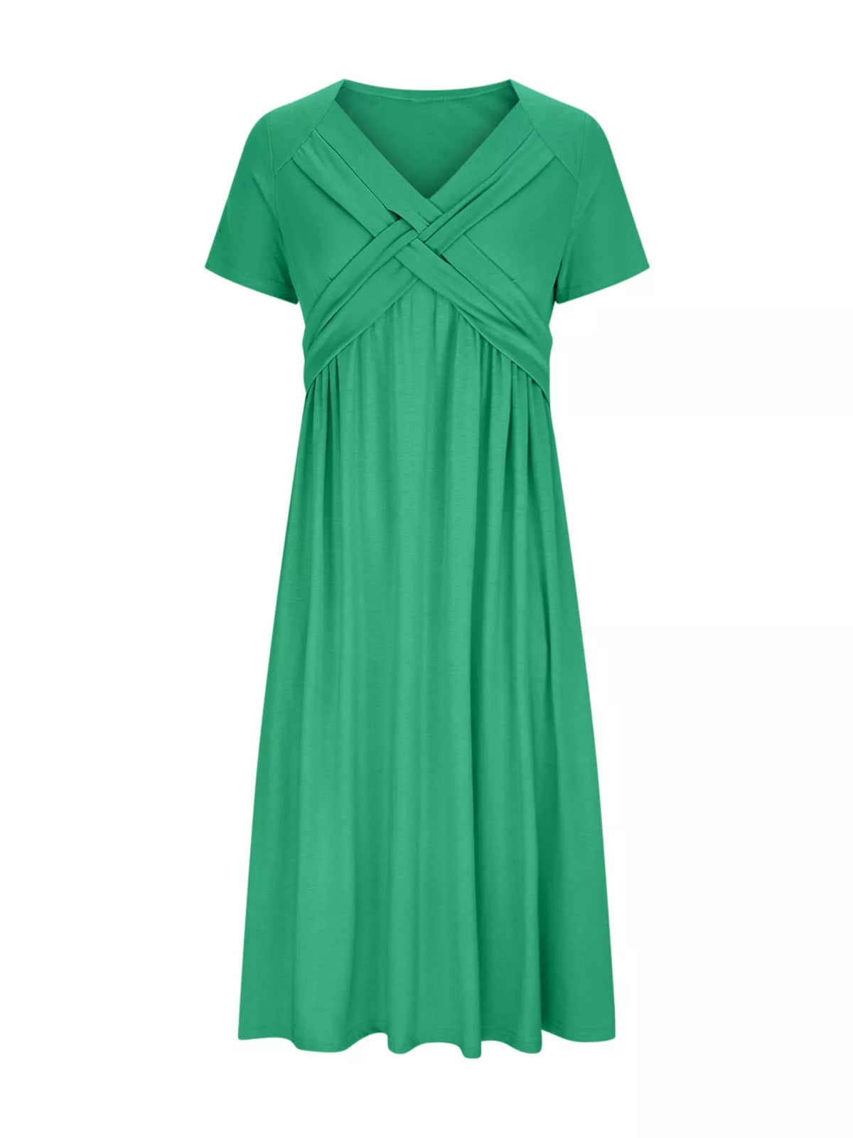 Green V-neck crisscross high-waist midi dress with short sleeves, gathered waistline