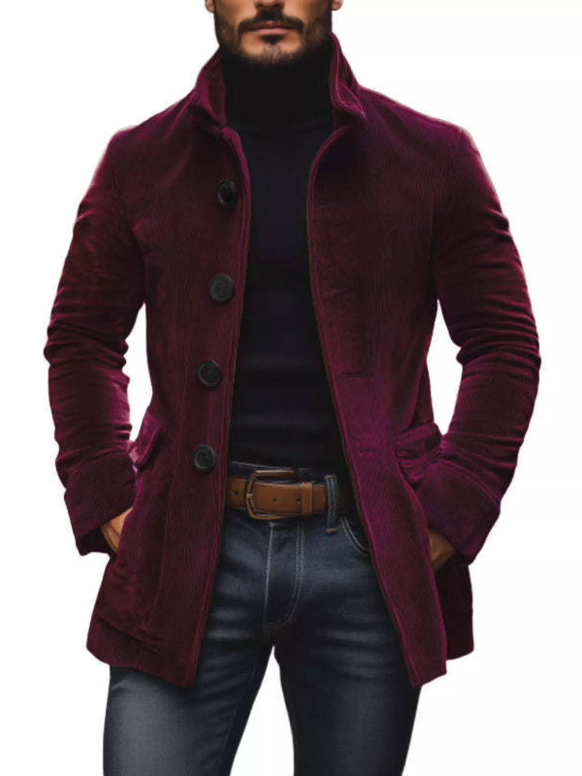 Burgundy stand-collar single-breasted coat with button front, long sleeves