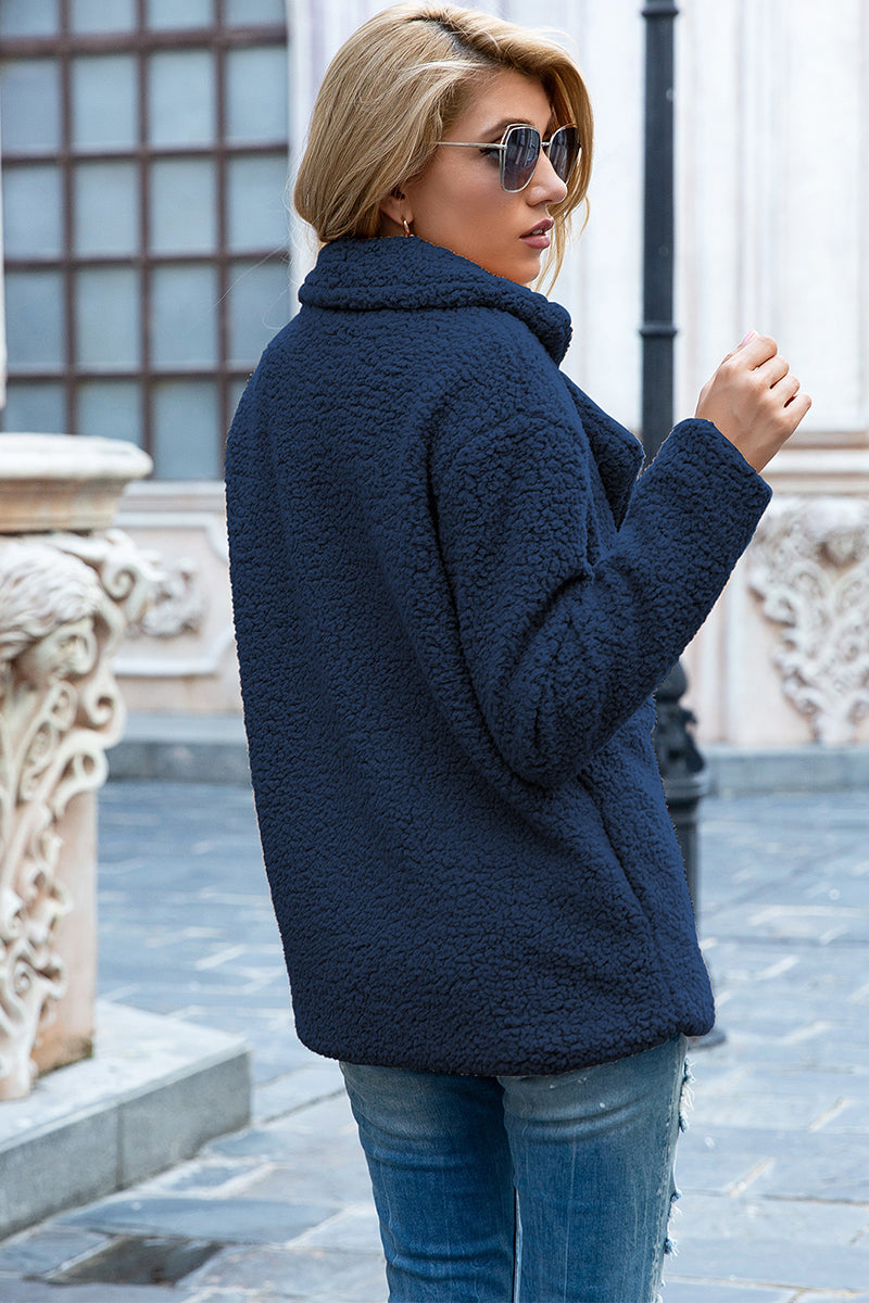 Navy sherpa lapel collar full-size coat with button-front, long sleeves