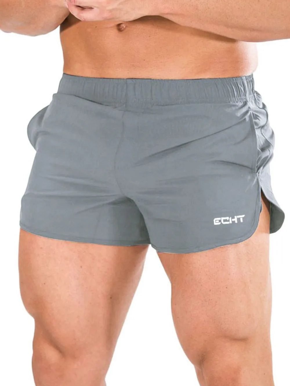Men's plus-size quick-dry shorts with pockets, gray, elastic waistband, side logo