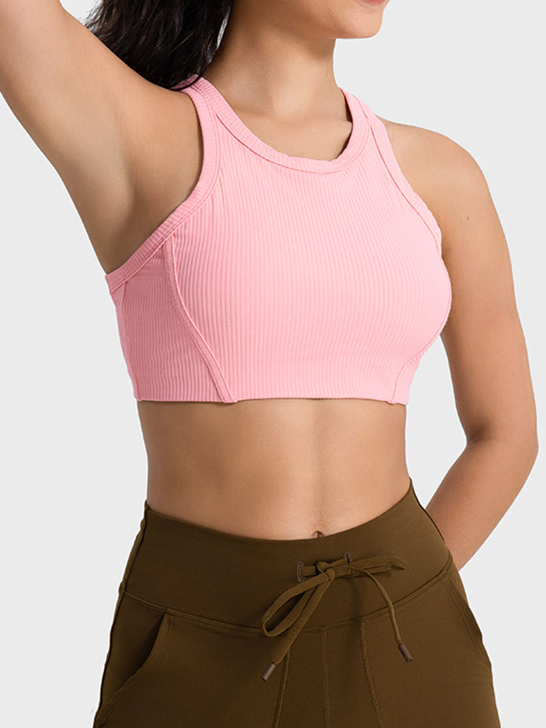 Pink ribbed cropped sport tank with wide straps, contoured front, racerback