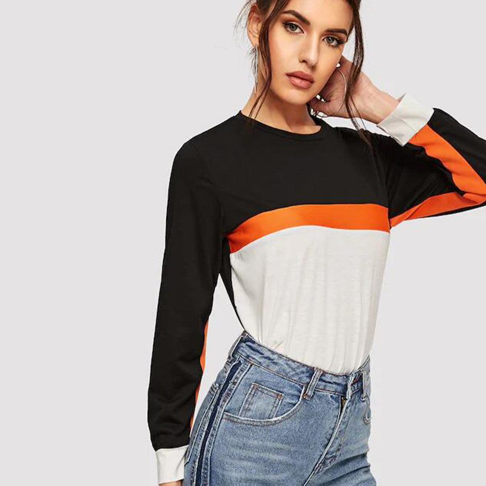 Cedar & Moore Shiny Color Block Long Sleeve Tee, black/orange/white, round neck