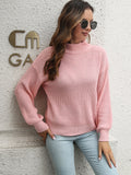 Dusty pink rib-knit sweater with dropped shoulders and high neck, long sleeves