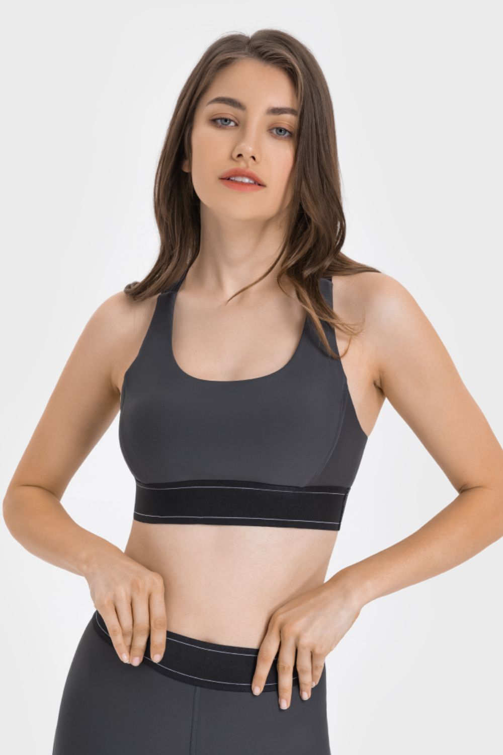 Contrast sports bra with wide racerback straps and black contrast band