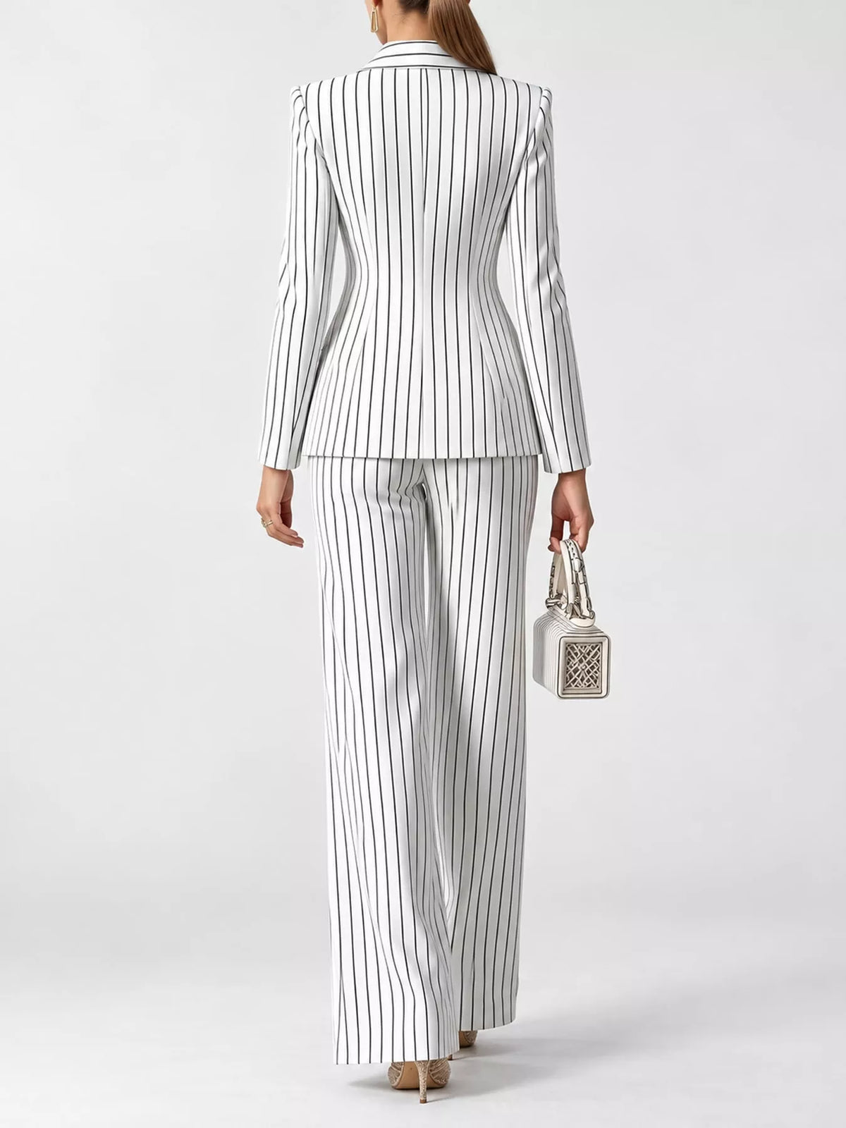 Back view of white pinstripe blazer and wide-leg pants set
