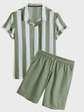 Men's green striped shirt and shorts set, short sleeves, elastic waist