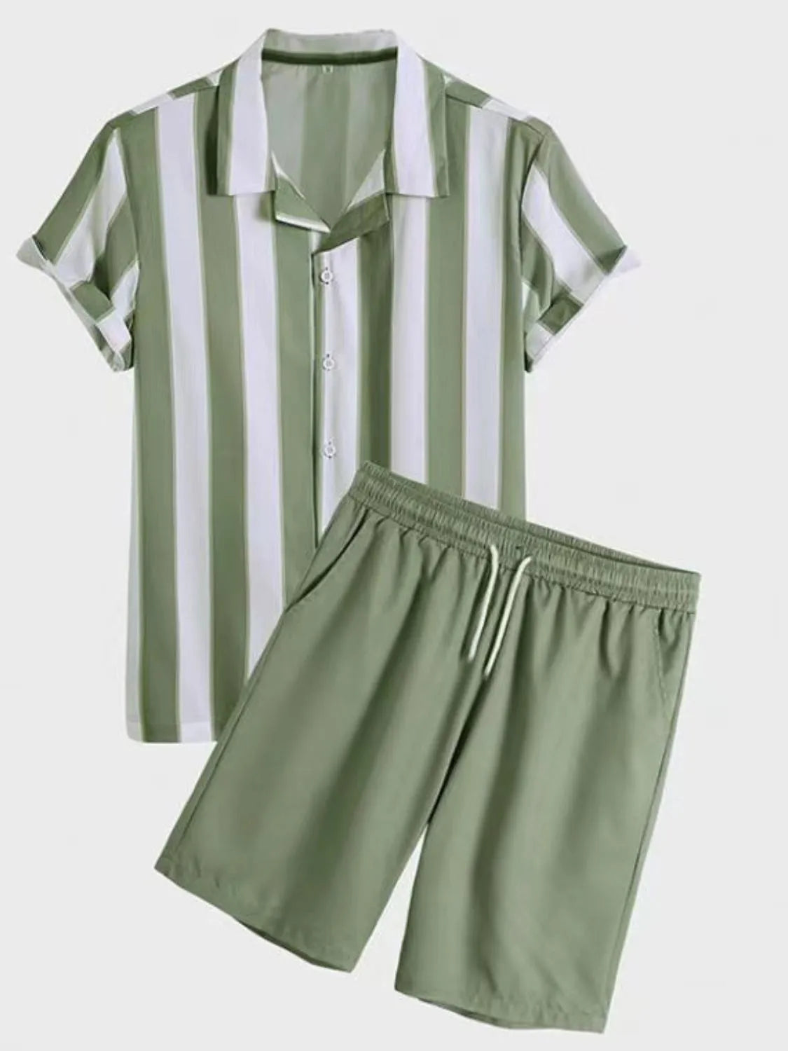 Men's green striped shirt and shorts set, short sleeves, elastic waist