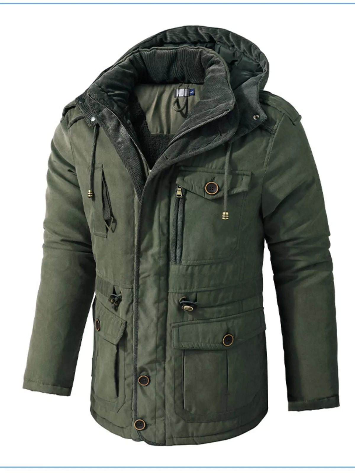 Men's dark green hooded zip-up winter jacket with lined hood and multiple pockets