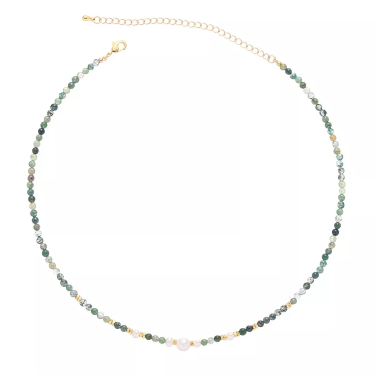 Beaded freshwater pearl necklace with green-blue and white beads and gold chain clasp