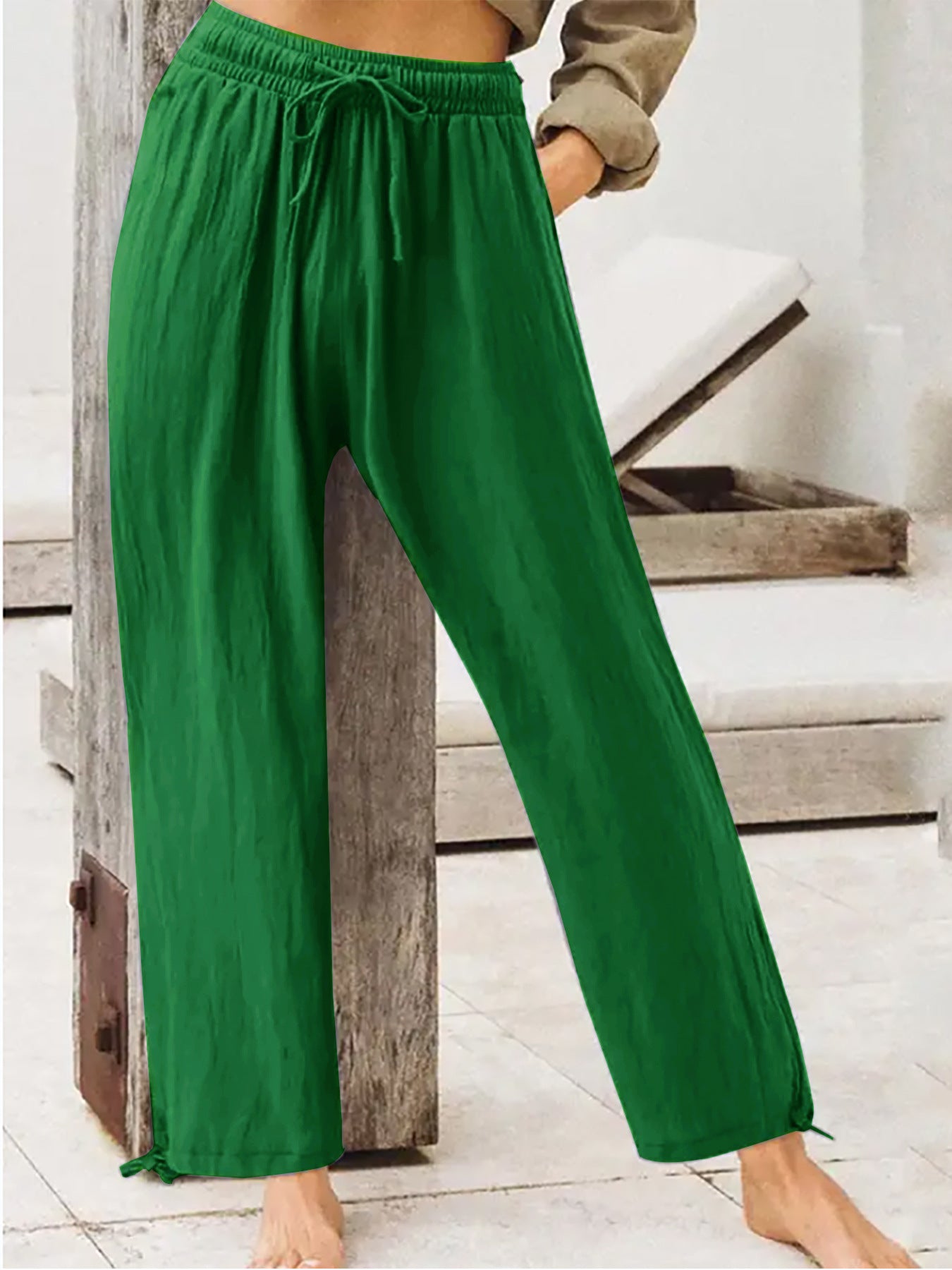 Wide-leg drawstring cotton-spandex pants with elastic waist, green
