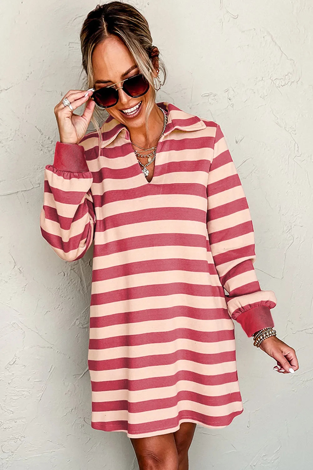Dusty pink-and-cream striped long-sleeve mini dress with johnny collar and cuffed sleeves