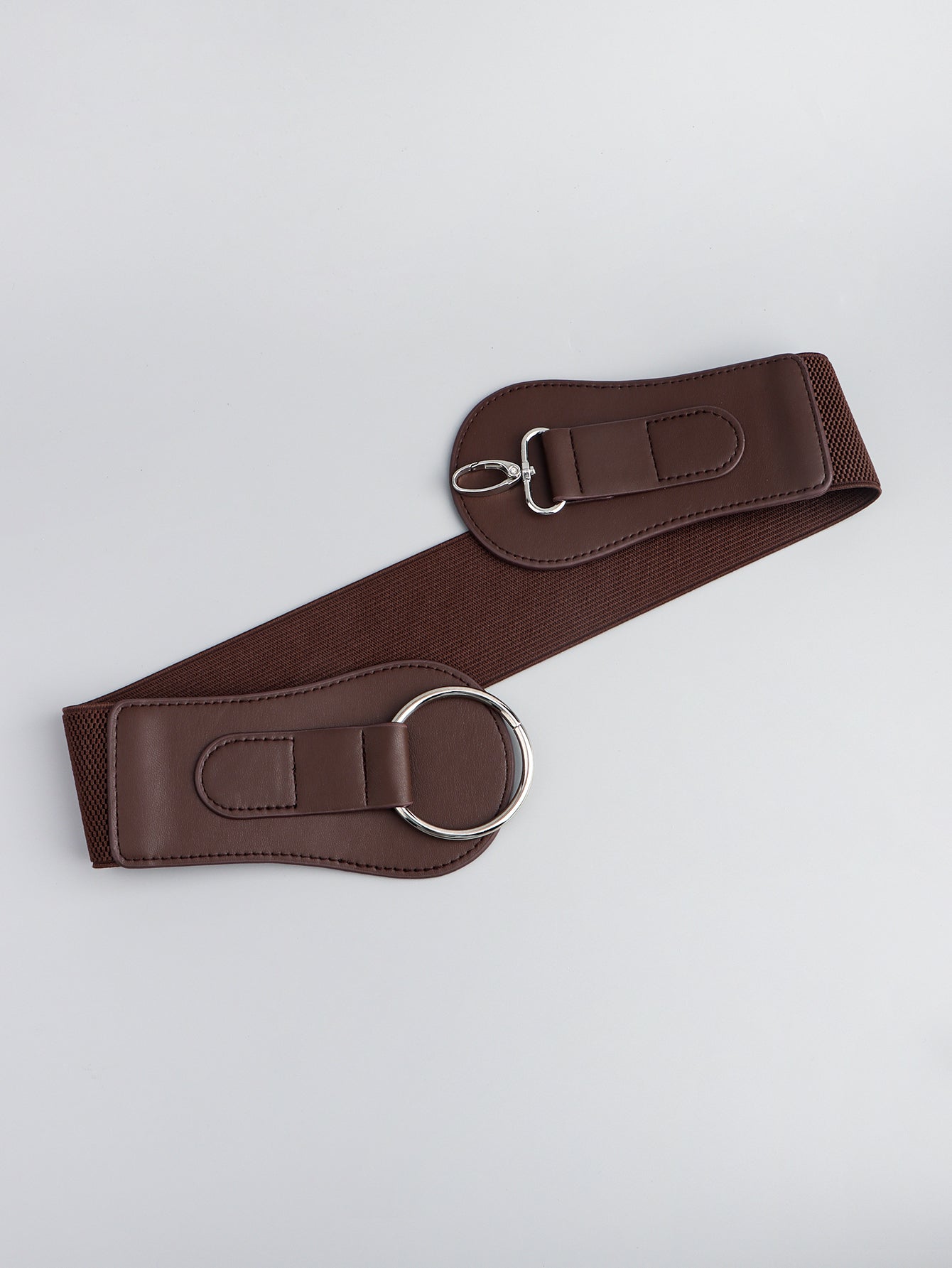 Caramel brown elastic vegan leather belt pieces with oval buckle rings and tabs