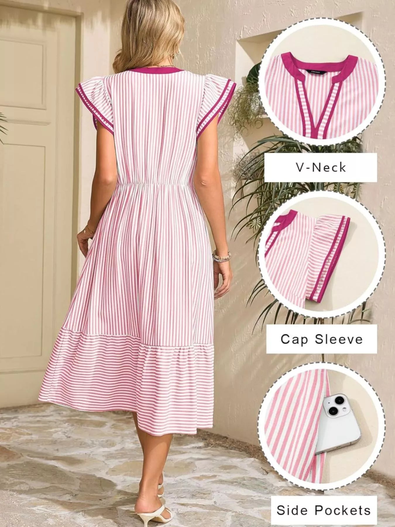 Back view striped midi dress with ruffle cap sleeves; V-neck back and side pockets