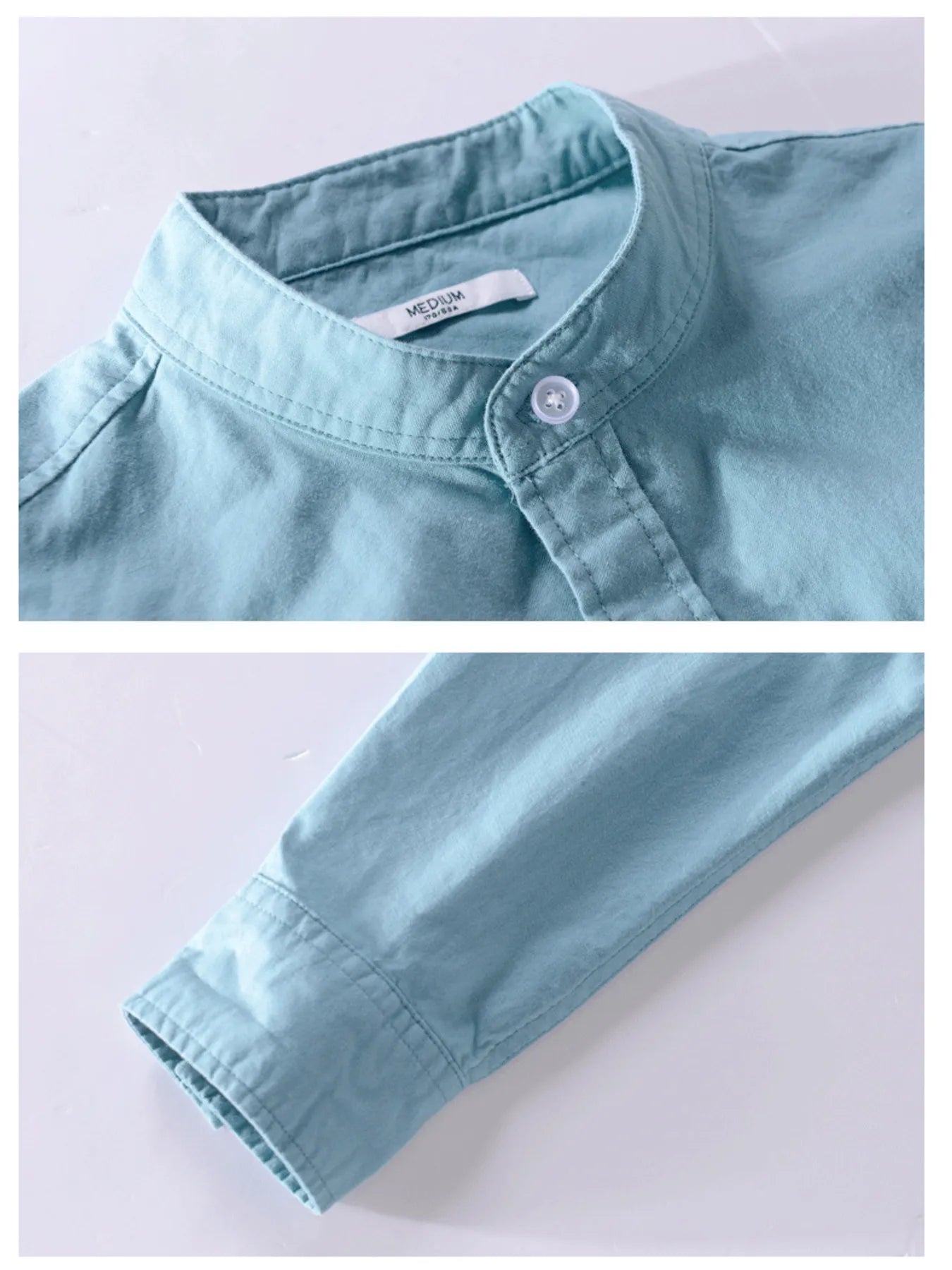 Long-sleeve button-up shirt in light teal, collar with button and folded sleeve cuff