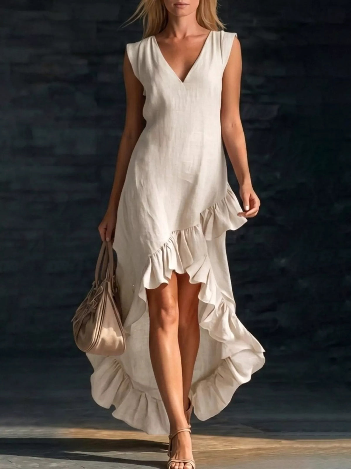 Off-white sleeveless V-neck dress with asymmetrical tiered ruffle hem