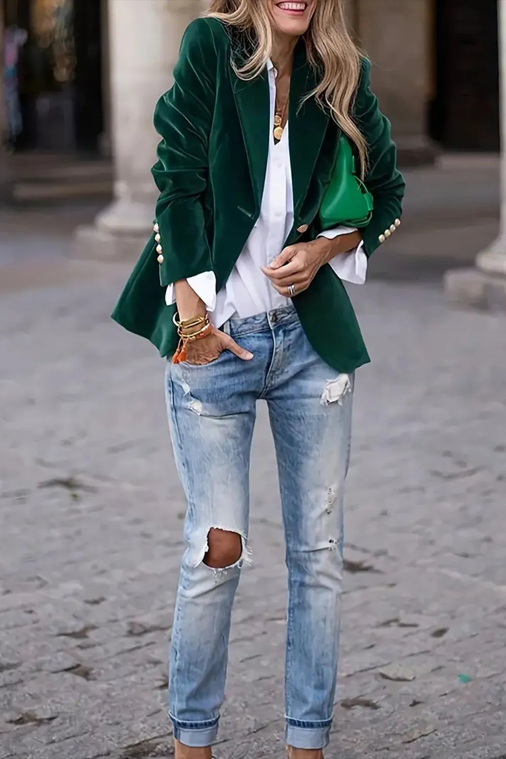 Green one-button lapel long-sleeve blazer with button front and decorative trim